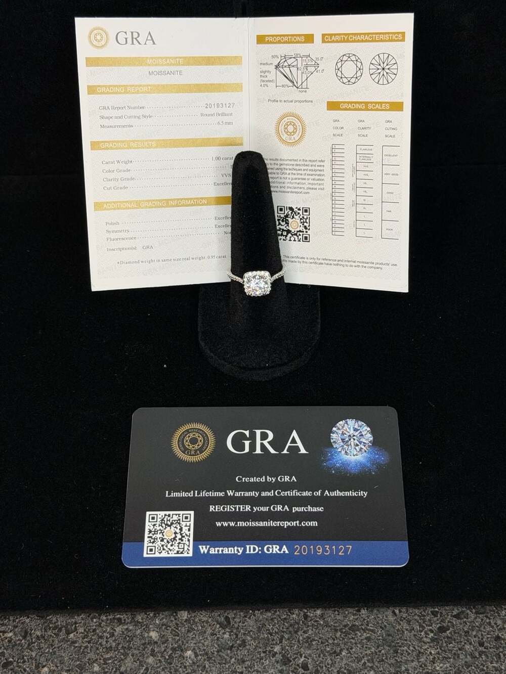 GRA Certified 1ct D VVS1 Round Brilliant Cut Moissanite Halo Ring in 925 silver